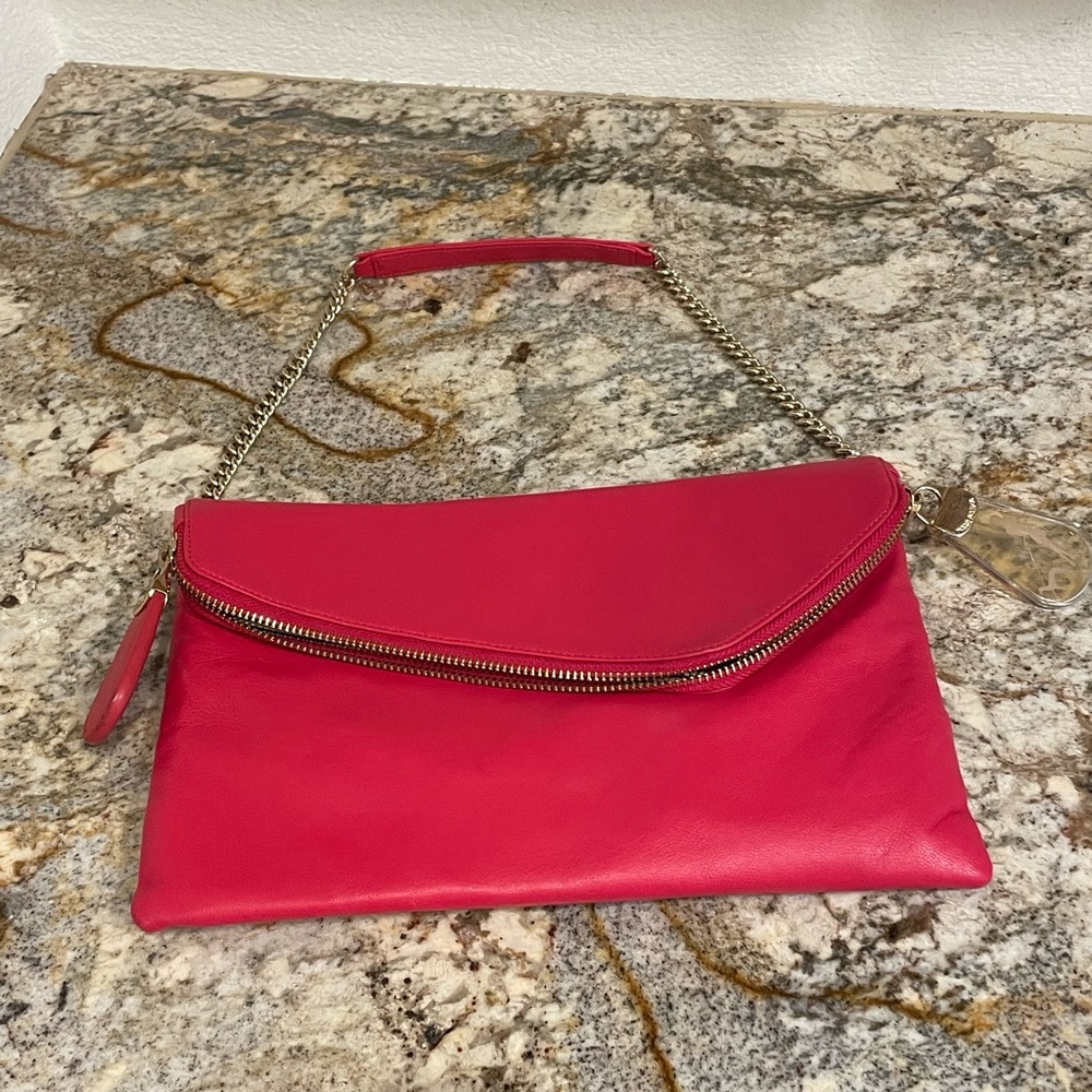 henri bendel Hot Pink Leather Shoulder Clutch with Gold Chain